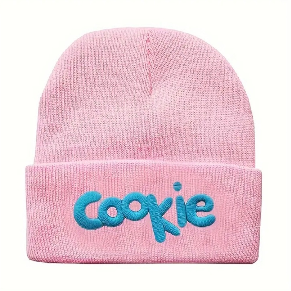 NEW! Embroidered Cookie Beanie Stretchy Knit, Street Style for Outdoor & Casual